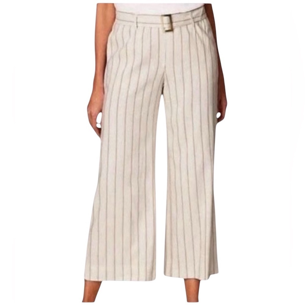 J. Jill Linen Stretch Cream Striped Cropped Belted Pants Wide Leg Small NEW